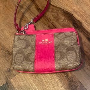 Coach hot pink signature C tan wristlet, clutch